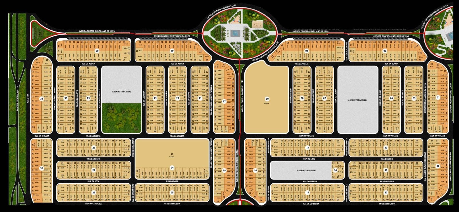 Implantação — praças e quadras
