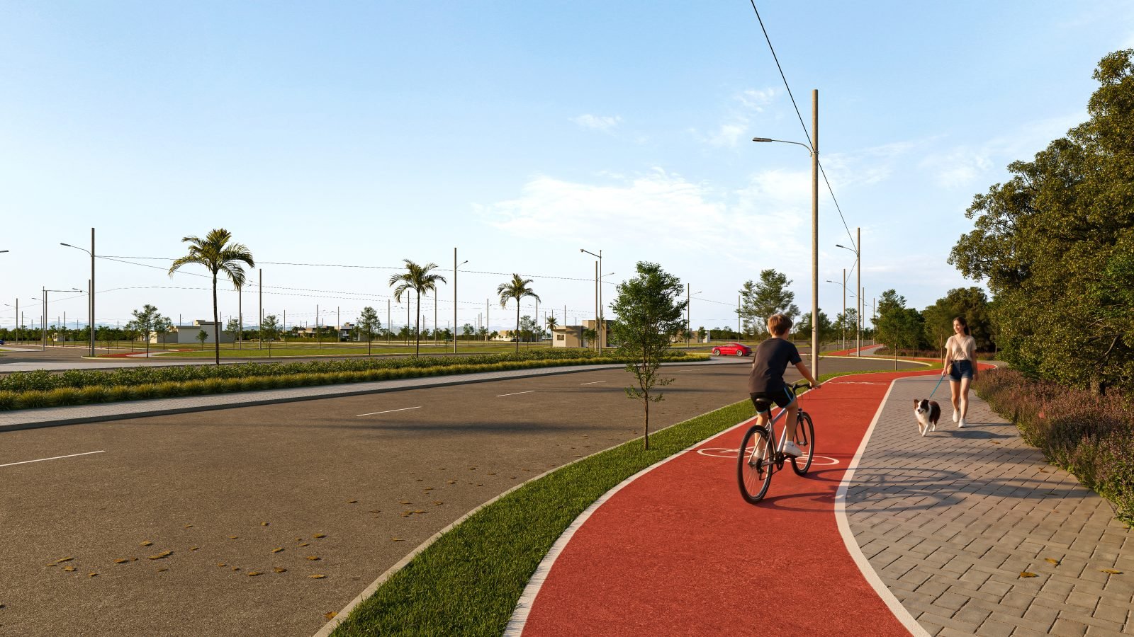 Ciclovia e áreas verdes — Perspectiva ilustrativa